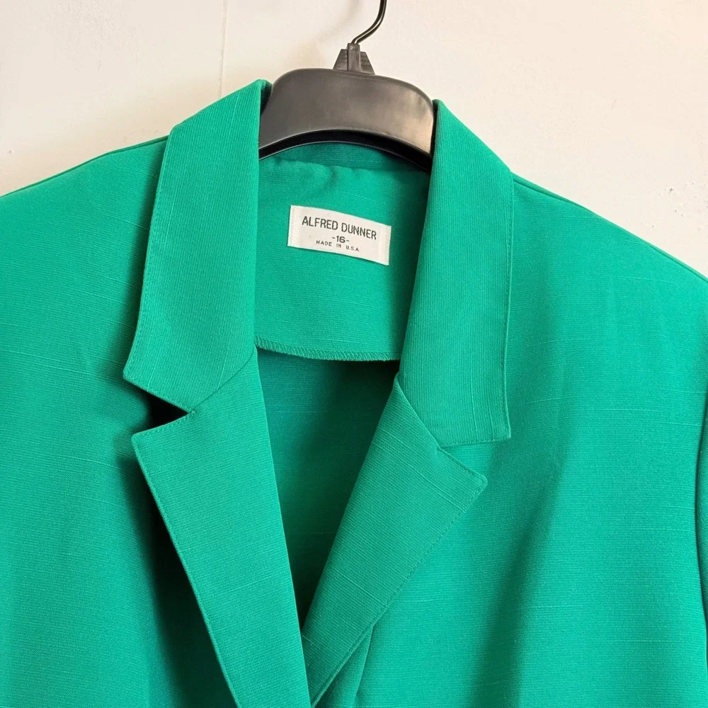 Alfred Dunner Green Skirt Suit Set 16 Vintage Blazer Elastic Waist Skirt USA